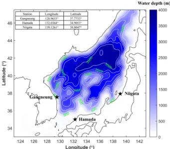 Fig. 1. Bathymetry of the present numerical study and the locations of the wave measurements for the validation of the present numerical model.