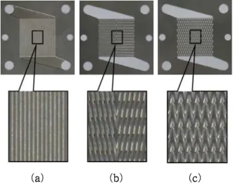 Fig. 1  Photos of the micro-channel plate with each  channel shapes : (a) I type (b) V type (c)  W type.