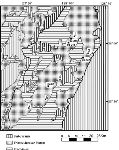 Fig. 1. Geologic map of the central Yeongnam massif. Sample locations are also plotted