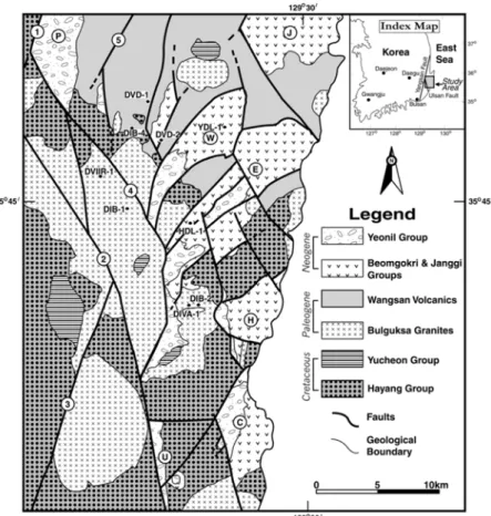 Fig. 1. Geological and sampling sites map of the study area (after Kim  et al ., 2002b)