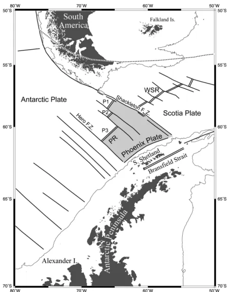 Fig. 1. Tectonic map around the Drake Passage. The gray area is the Phoenix Plate and the double lines are the ridge axises which are inactive or active