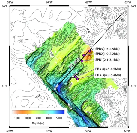 Fig. 3. Bathymetry of P3 segment of the Phoenix Ridge, obtained using SEABEAM 2000 mutibeam sonar