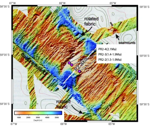 Fig. 4. Bathymetry of P2 segment of the Phoenix Ridge, obtained using Simrad EM12 multibeam sonar (Livermore  et