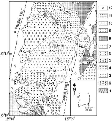 Fig. 1. Geological map of the Busan area showing various lithologies of the Mt. Geumjeong Granite (Modified from Son