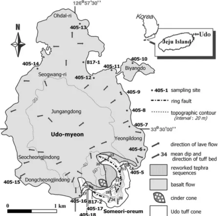 Fig. 2. Geological map of the monogenetic Udo volcano area(modified from Hwang, 1993; Won  et al ., 1993).