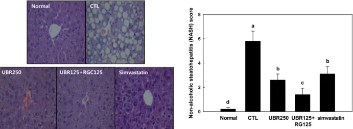Fig. 1. NASH score and histologic findings of liver tissue by the extracts of unripe black raspberry and red ginseng treatment in  hyperlipidemic mice fed the HCD for 12 weeks