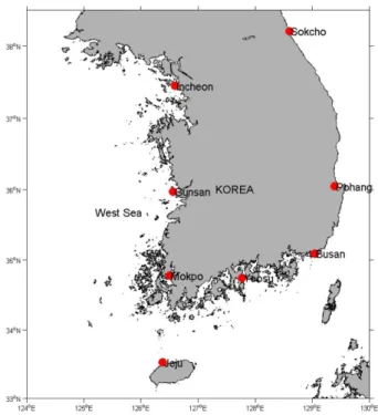 Table 1. Information of the tidal gauging stations around the Korean coast.