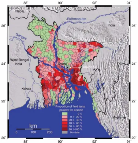 Fig. 2).  또한 영국지질조사소 (BGS) 와  DPHE 가 공동으 로 수행한  3,534 개의 관정에 대한 보다 체계적인 국가 규모 조사에서도  27% 의 천부 (<150 m)  관정에서 50 µ g/L  이상 , 46% 가  WHO  기준  10 µ g/L  이상의 비 소함량을 나타내었다 (BGS and DPHE, 2001)