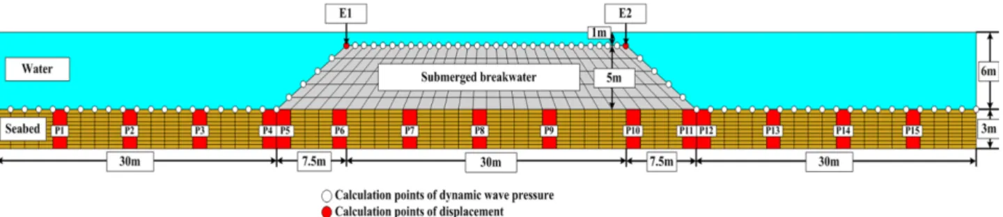 Fig. 1. Schematic sketch of the numerical irregular wave-submerged breakwater-soil tank used in 2D-NIT &amp; FLIP models