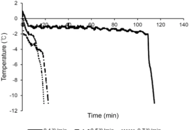 Fig. 1. Freezing curve according to freezing rates. Freezing was done to -12°C for all freezing condition.