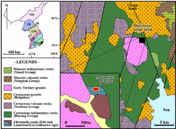 Fig. 1.  Geological map (modified Choi and Imai, 1983) in the vicinity of the Dalcheon mine, Ulsan.