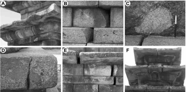 Fig. 5.  Secondary contaminations of the stone pagoda. (A) Most rock materials contaminated totally with yellowish-brown and black compounds on the surface