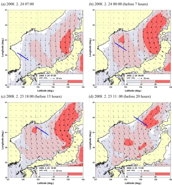 Fig. 10. Variation of wind vectors and contours and predicted high wave source line (blue line) at different time.
