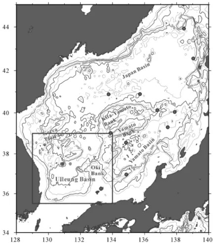 Fig. 1.  The physiography and bathymetry map of the East Sea. The red dots denote DSDP and ODP drill sites