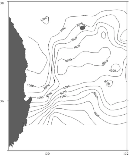 Fig. 2.  Total Isopach map of the Ulleung Basin. The contour interval is 1,000 meters