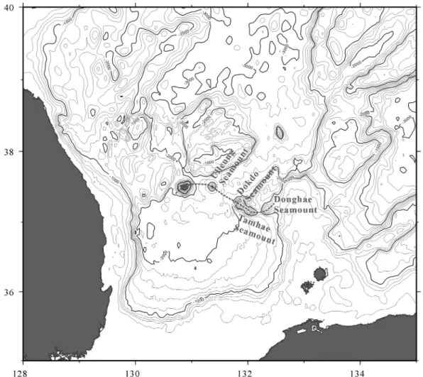 Fig. 4.  Bathymetry map of the study area, Ulleung Basin. The seamounts are named after Kang  et al 