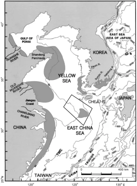 Fig. 1.  Map showing the study area (boxed area) and bathymetry of the East China Sea and adjacent seas