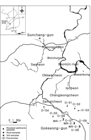 Fig. 2.  Seomjin river’s drainage basin showing 10 watersheds. Fig. 3.  Sample localities in the study area.