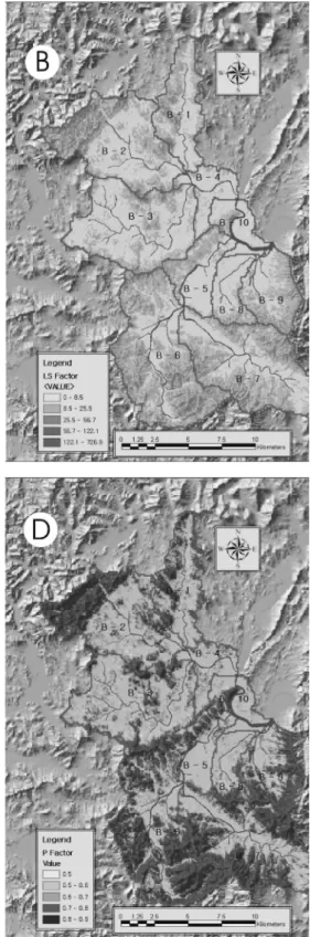 Fig. 4.  Thematic map of RUSLE factors. A: Distribution of K values. B: Distribution of LS values