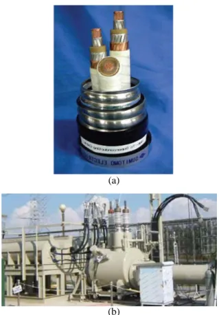 Fig. 1 Photographs of three phase 1 cryostat HTS  cable (a) and terminal cryostat (b)