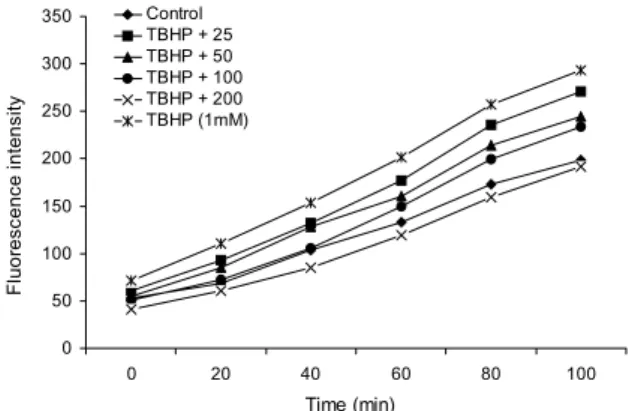 Fig. 4. Effect of hot water extract from Cornus walteri Wanger (CWE) on tert-butyl hydroperoxide (TBHP)-induced lipid  per-oxidation