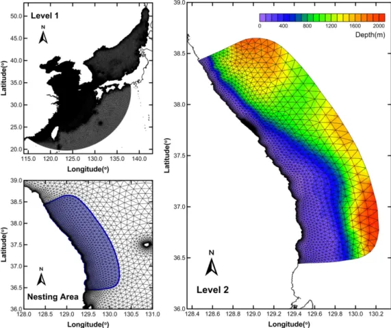 Fig. 6. Overview of study area and grid composition with bottom topography (m).
