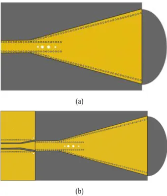 Fig.  9.  Configuration  of  the  SIW-based  H-plane  filtering  horn  antenna  (a)  without  a 