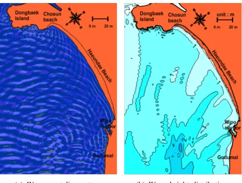 Fig. 8.  Calculated wave crest lines and wave height distribution during the winter season.