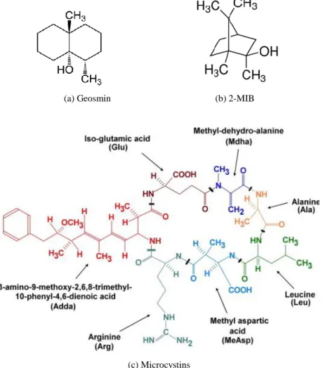 Figure 1. The structures of tasty &amp; odor compounds ((a) geosmin and (b) 2-MIB) and harmful substances ((c)  microcystins) from algal bloom