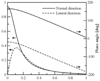 Fig. 3 Result of equation (9) : The deflection and phase angle of lateral and normal direction.