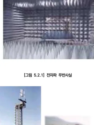 그림  전자파  무반사실[5.2.1]  그림  대형  안테나  측정용  야외시험장[5.2.2]  대형 안테나의 경우 시스템이 크고 복잡하여 규격에서 제시하는 안테나 측정을 위해서는 대부분 치환법으로 측정하는 것이 바람직 할 수 있다 왜냐하면 대형  안테나의 경우 현실적으로  번의 측정구성을 통한  안테나 법으로 측정하기에는 상당한 어려움이 발생할 수 있기 때문이다 관련 안테나 이득비교 치환법 은 제  장에서 소개한 식 를 이용하면 간편하게 안테나 이득 산