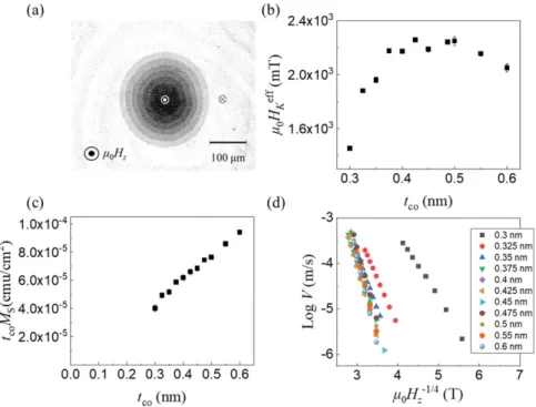 Fig. 1. (Color online) (a) MOKE overlap Images of domain wall expansion by the perpendicular magnetic field (H z = 2.88 mT) at 100 ms intervals (b)  Effective  anisotropic  magnetic  field  as  a  Co  thickness