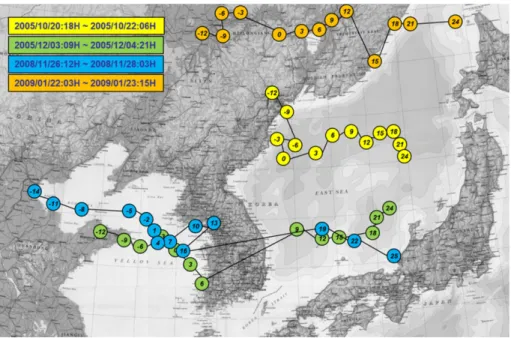 Fig. 6. The paths following the center of the low pressures during the four high wave events.