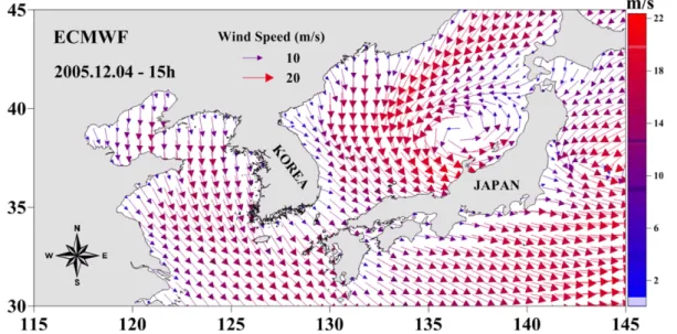 Fig. 8. ECMWF wind field over the sea around Korea during the high wave event in December 2005.