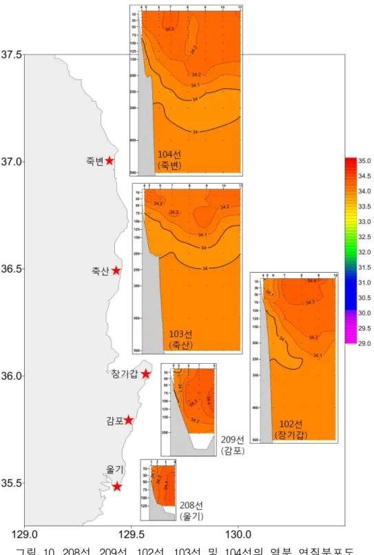 그림 10. 208선, 209선, 102선, 103선 및 104선의 염분 연직분포도.