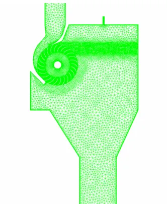 Fig. 4 Three-dimensional numerical grids for turbine model geometry N/N bep0.40.60.8 1.0 1.2 1.4η0.00.20.40.60.81.0Case 1Case 2Case 3 P/dbH3/224681012Case 1Case 2Case 3P/dbH3/2ηH=2.9mExp.Exp.Q/dbH1/2Q/dbH1/20.00.20.40.60.81.0Exp.