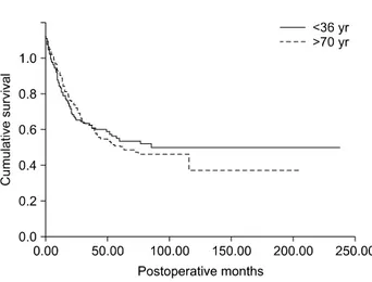 Fig. 2. Survival curves of the young and elderly groups with serosal  invasion; curative resection patients.