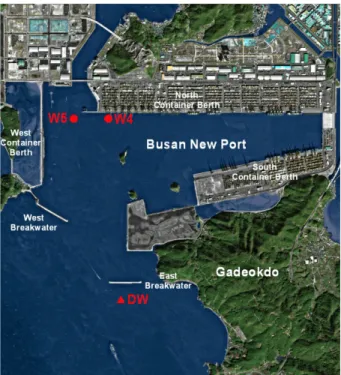 Fig. 1. Location map of wave measurement stations around Busan New Port (Circles are locations of pressure-type wave gage and triangle is location of Directional Waverider).