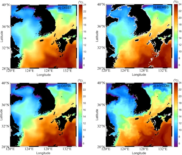 Fig. 6. Spatial distribution of the sea surface temperature among. a, OISST; b, REMSS; c, OSTIA; d, HYCOM