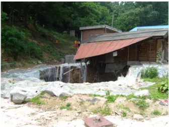 Fig. 6. The scene of subsidence on ○○mine (MIRECO, 2008) 4. 침하 폐광산의 2차원 모델링과 초기 해석 결과 ○○광산의 침하가 발생한 지역에 대해 지반안정성 정밀조사 및 실시설계 보고서(MIRECO, 2008)의 단면 및  지반 정보와 Choi (2014)의 연구를 바탕으로 Fig