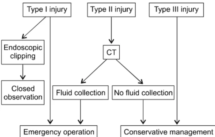 Fig. 2. Algorithm for the management of endoscopic retrograde  cholangiopancreatography-related perforations