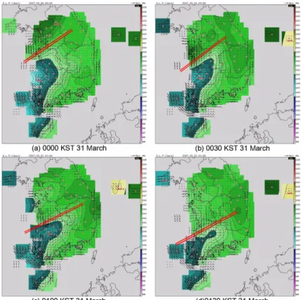 Fig. 2. Mean sea level air pressure measured at AWS at (a) 00:00 KST 31 March 2007, (b) 00:30 KST, (c) 01:00 KST, (d) 01:30 KST (Eom et al., 2012).