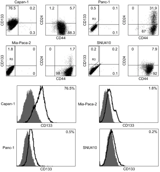 Fig. 2. Capan-1 highly expresses  CD133 but other cell lines, Panc-1,  Mia-Paca-2, SNU-410 express less  than 2% of CD133