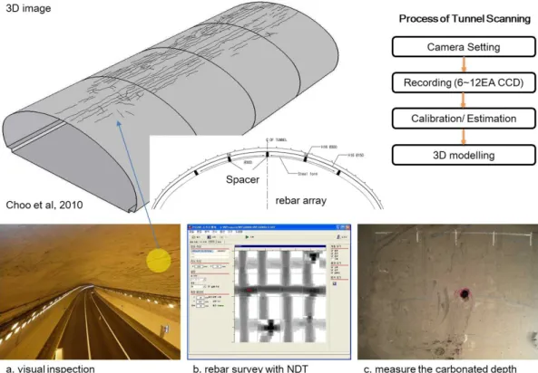 Fig. 4. Unique crack inspection in NATM (Re) related with rebar array and its survey with NDT
