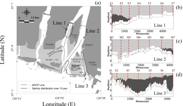 Fig. 16은 Fig. 13, Fig. 14, Fig. 15에서  제시한  조석평 균 염분 자료를 통해 낙동강 지역에서 10 psu 이상의 수평 면 염분 분포도를 도식화한 것이다