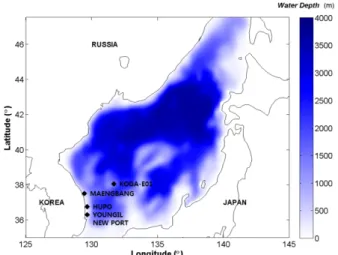 Fig. 12. Bathymetry of the present numerical study and locations of wave measurements.