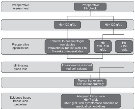 Fig. 1. Blood conservation algorithm used  in our unit for total knee arthroplasty. Hb: 