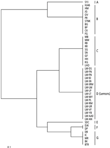 Fig. 1. An UPGMA dendrogram based on the genetic distances among 46 citrus accessions using seven plastid InDel  markers.