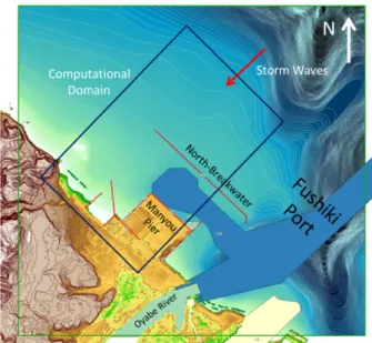 Fig. 5. Configurations of the North-Breakwater for three experiments together with local bathymetry, (a) CB, (b) DB, and (c) NoB.