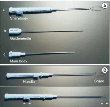 Fig. 2. (A) Hold port is composed of snare body (a), guide needle (b) and  main body (c), initially combination of the (b) and (c) are used for the  insertion into the abdominal cavity